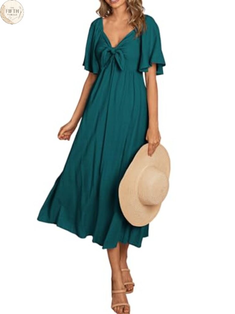 PRETTYGARDEN Women's Summer Bow Tie V Neck Midi Dress